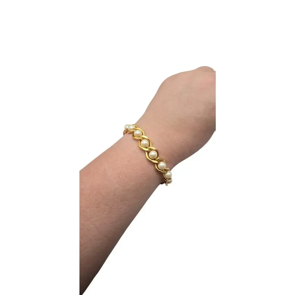 Gold Pearl Link Bracelet Chunky Chain Style Classic Glam Elegant